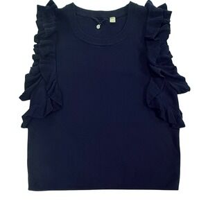 Anthropologie Knitted & Knotted Navy Blue Ruffle Trim Knitted Top Size Med W437